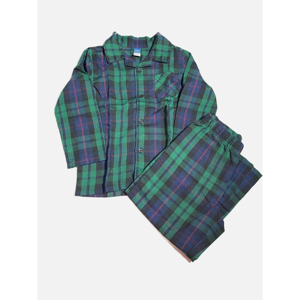 Old Navy Pajama Set Kids 4T Green Plaid Flannel Button Down Sleepwear Holiday